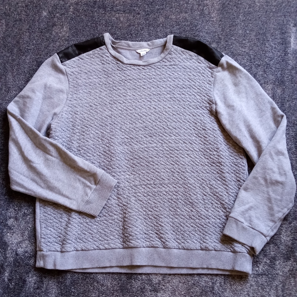 Calvin Klein gray sweatshirt with faux leather shoulder patches